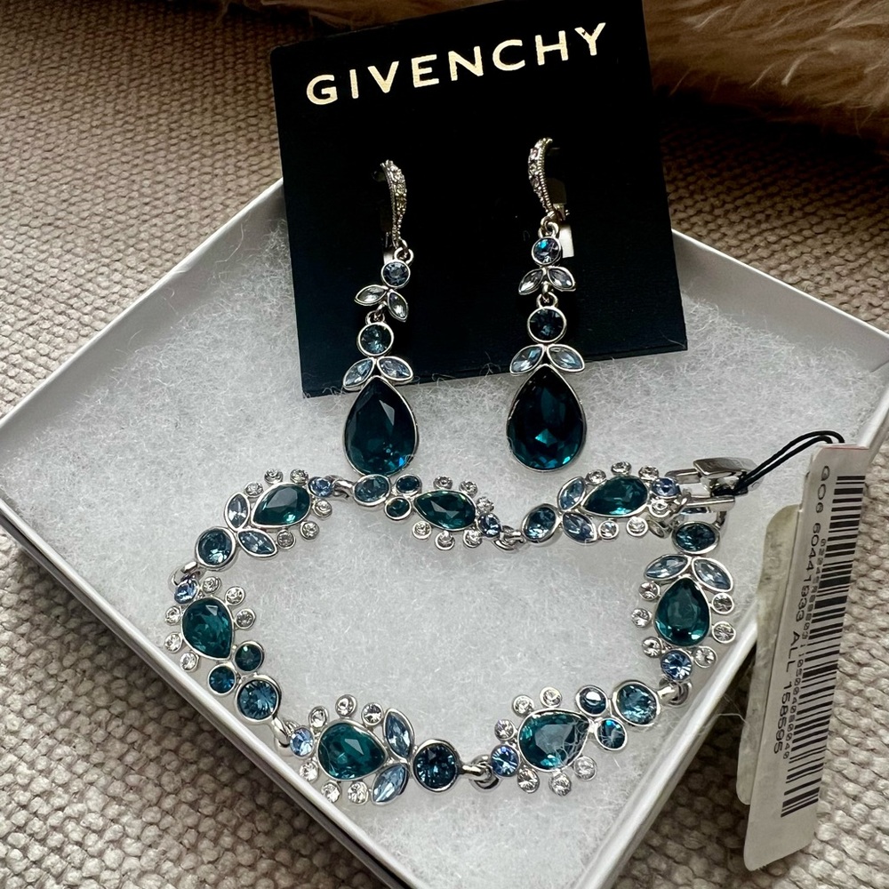✨ Givenchy Teal Crystal Sliver Earrings & Bracelet Set ✨